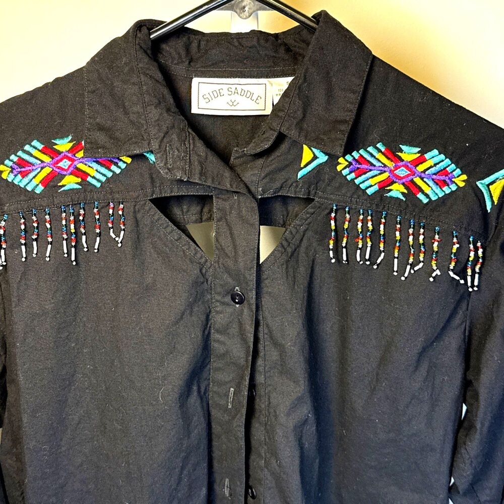 Side Saddle VTG 90s Womens Western Shirt Black Embroidered Beaded Rodeo Sm Cutou